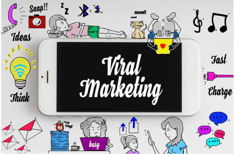 Een tekening waarop een smartphone ligt met de woorden ‘viral marketing’ op het scherm