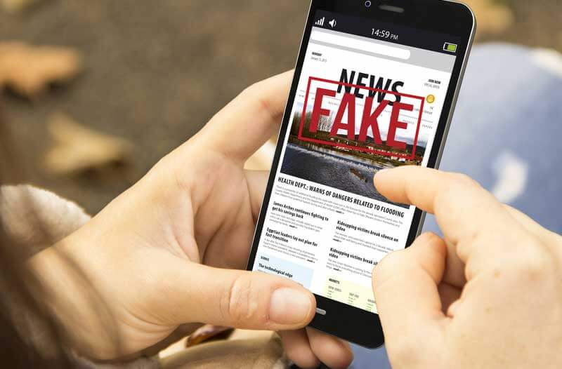 Person holding smartphone showing fake news article