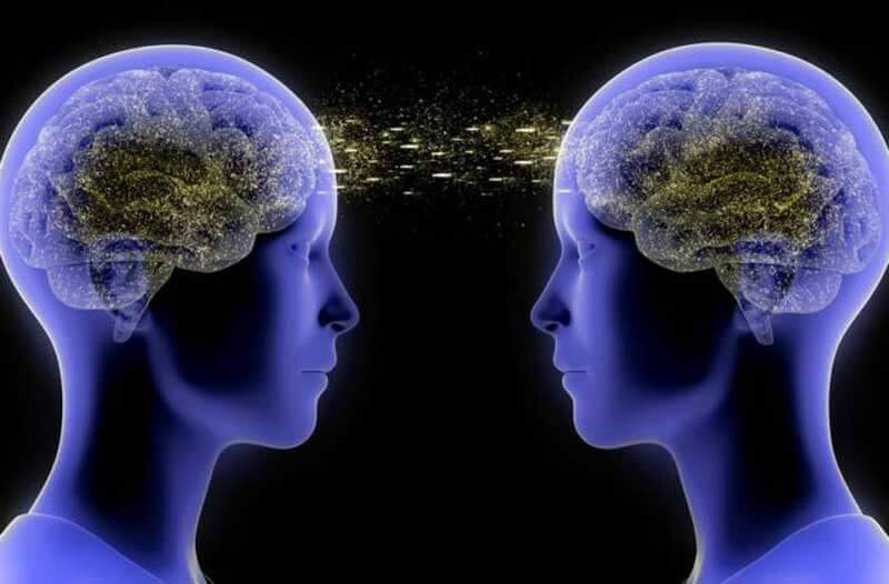 Twee blauwe doorschijnende digitale hoofden met hersenen die met elkaar verbonden zijn