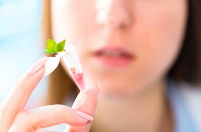 Close-up van een hand met een capsule met een kleine groene plant met op de achtergrond een wazig vrouwengezicht