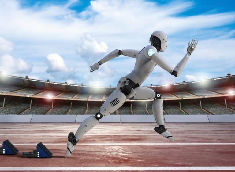 Een humanoïde robot trekt een sprint in een sportstadion