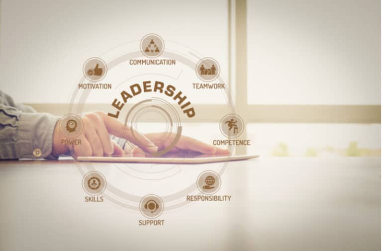 Hands touching a tablet with the words leadership, motivation, power, teamwork, communication, competence, skills, support, responsibility floating above it.