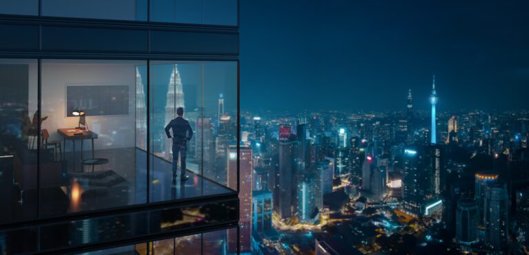 Een man in een penthouse met ramen van vloer tot plafond kijkt uit over een futuristische stad bij nacht.