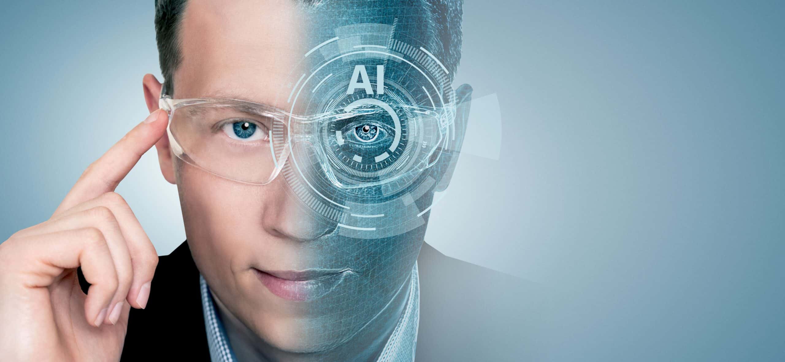 A man in a suit wearing futuristic glasses projecting an infographic about AI looks straight into the camera