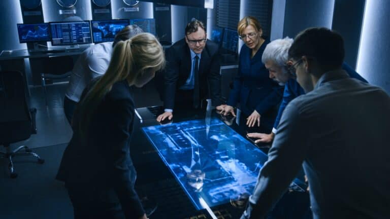 In een kluisachtige ruimte staan mensen in donkere pakken rond een futuristische tafel met een ingebouwd digitaal scherm en voeren een serieus gesprek.