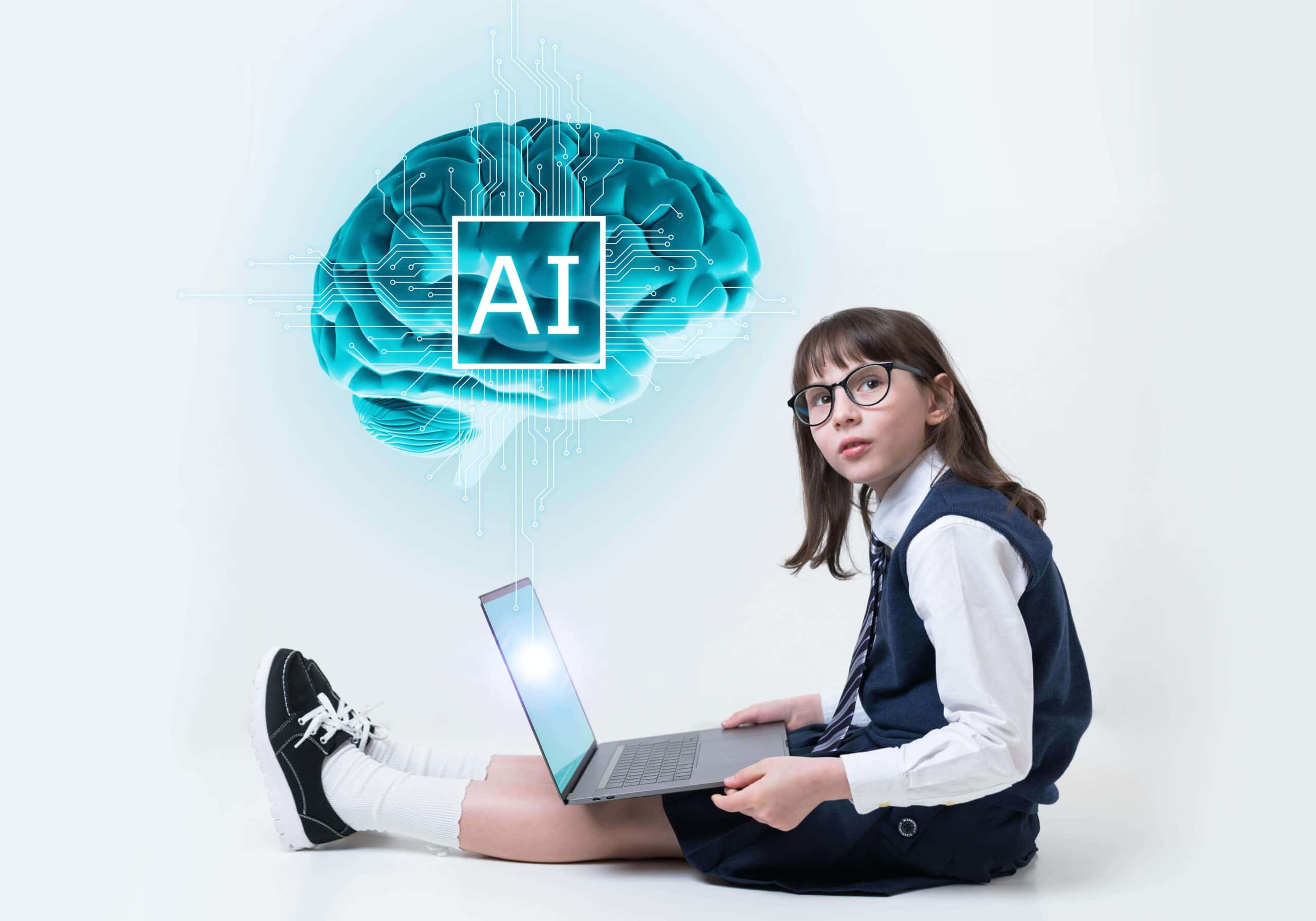 Young student sitting on the floor with a laptop and a digital image of a brain with the letters AI floating overhead.