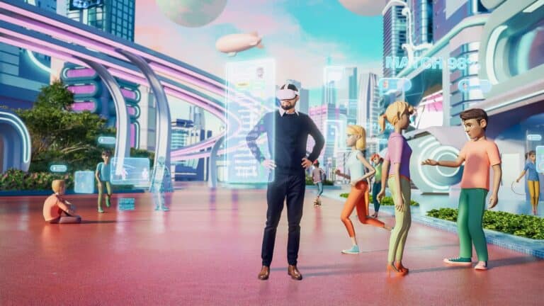 Een persoon met een VR-bril staat te midden van geanimeerde figuren in een levendige en futuristische virtuele stadsomgeving.