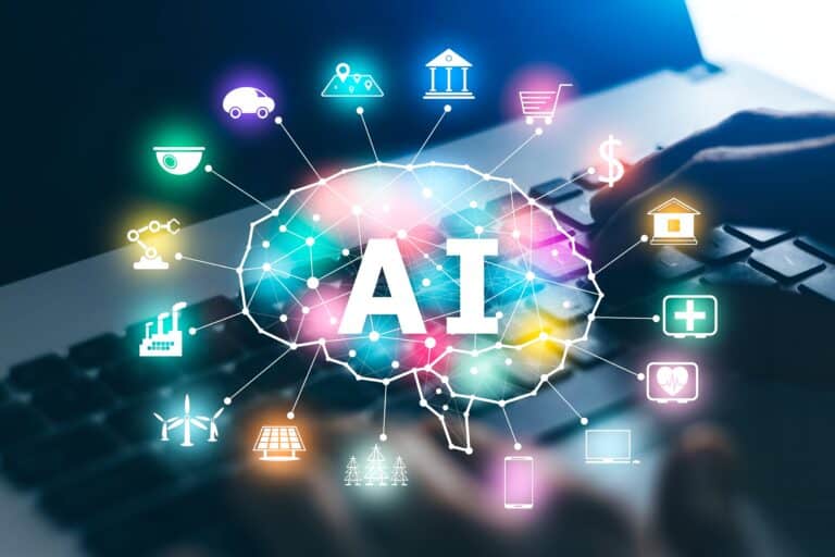 Kleurrijke digitale afbeelding van het brein met de letters 'AI' in het midden, omringd door pictogrammen die verschillende sectoren en industrieën vertegenwoordigen.