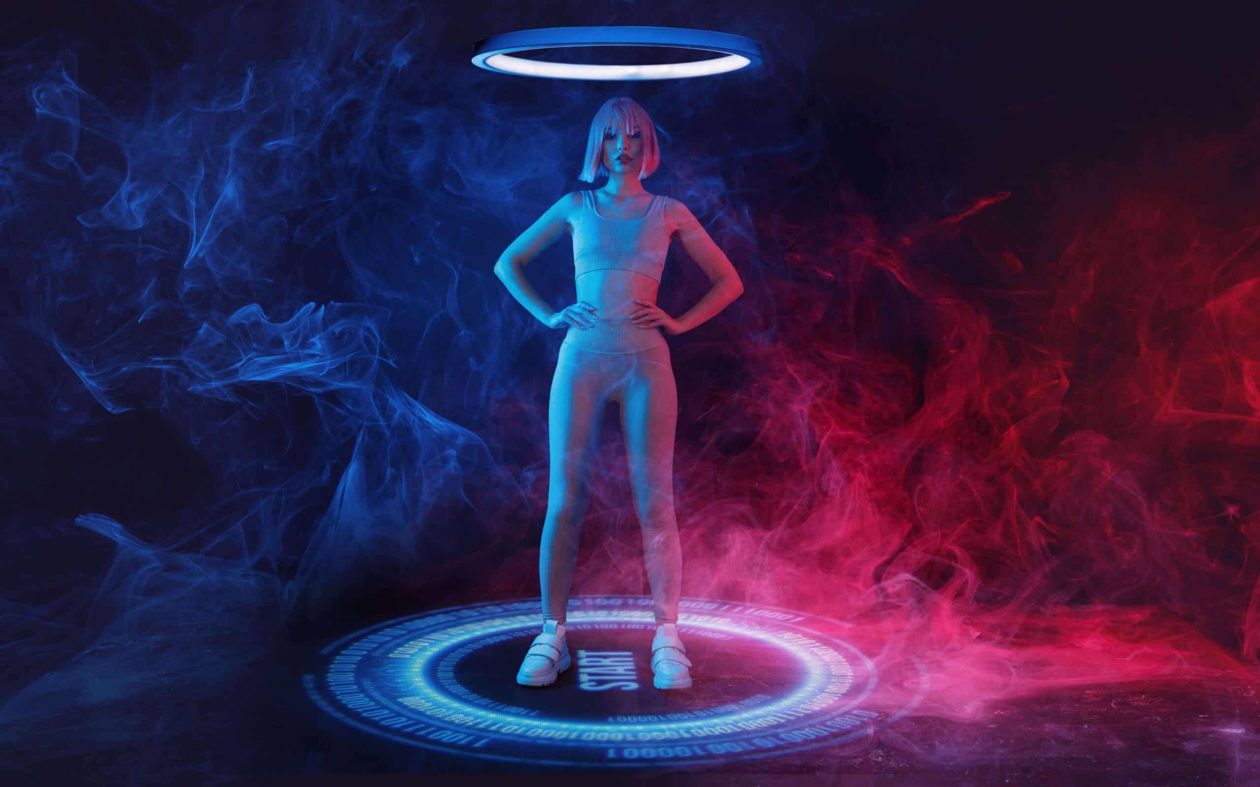 A virtual persona standing in a digital circle in a cloud of red and blue smoke