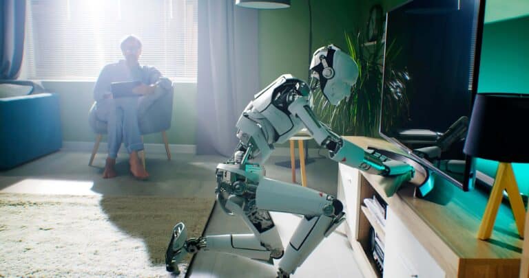 In een huiskamer maakt een robot een tv-meubel schoon. Op de achtergrond zit een persoon met een tablet in een stoel.