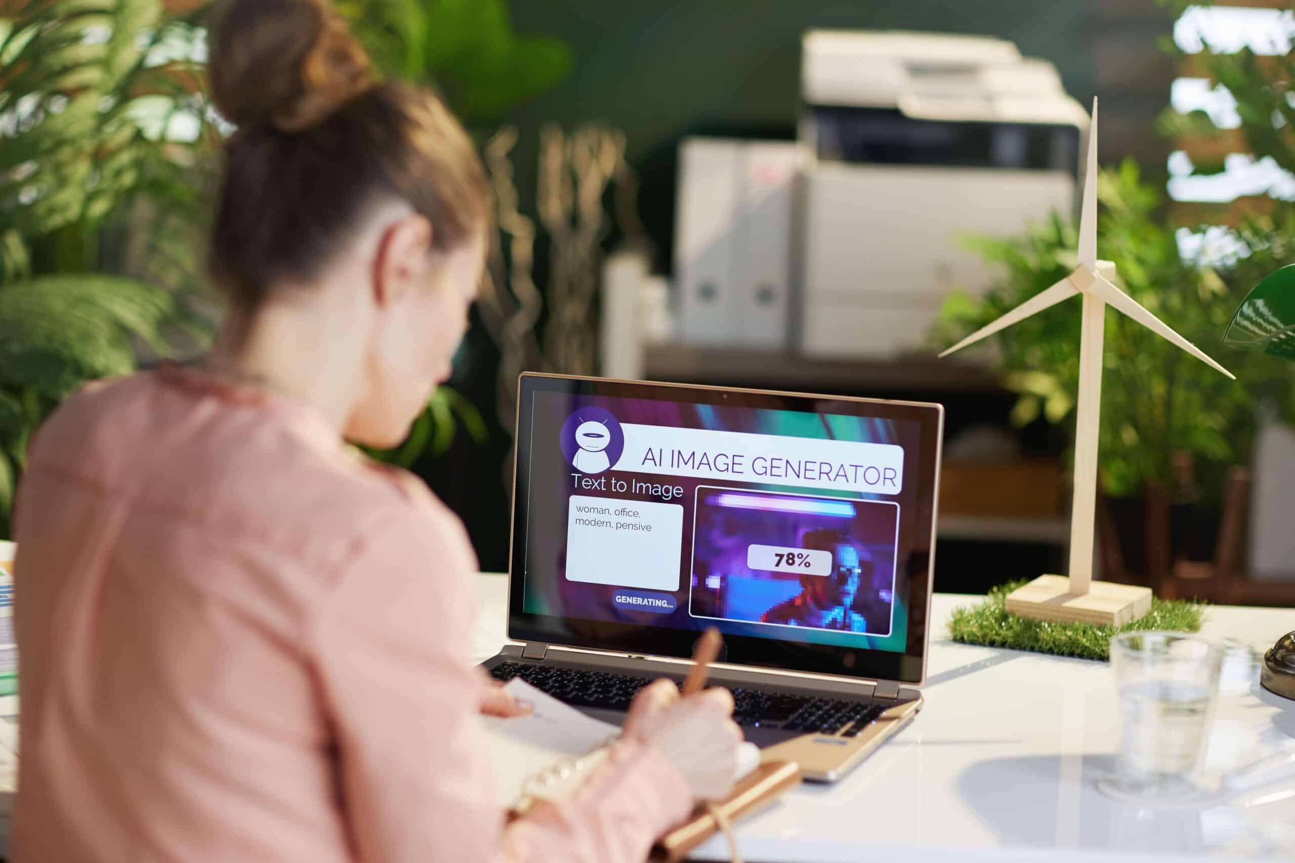 Een vrouw op kantoor, omringd door kamerplanten en een model windturbine, gebruikt een AI-beeldgenerator op haar laptop.