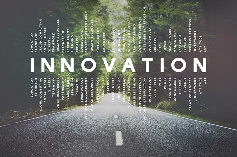 Image of a forest road with the word ‘innovation’ and other words