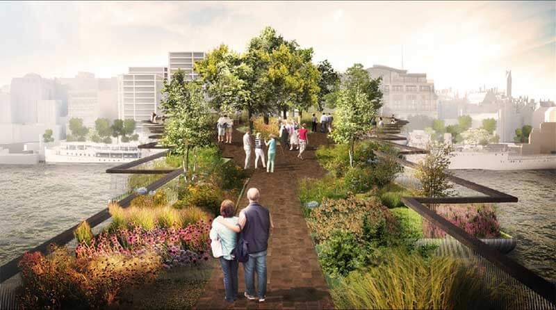 A design for London’s Garden Bridge over the river Thames with people walking down a path