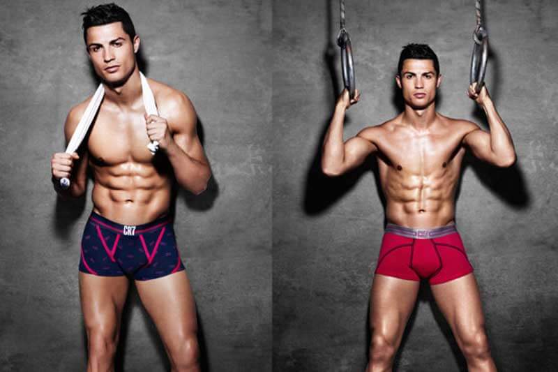 Two side-by-side pictures of Cristiano Ronaldo in boxer briefs in front of a grey wall