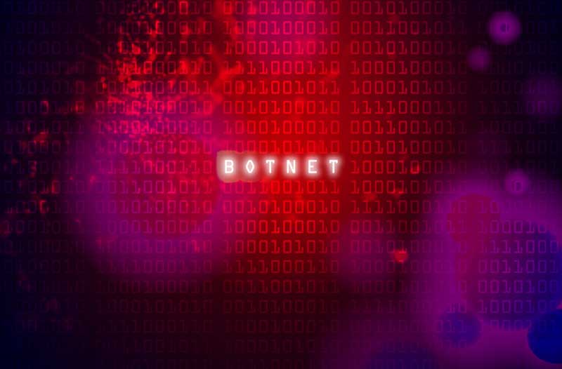 Red lines of code on a black background, with the word ‘BOTNET’ written in the middle. 