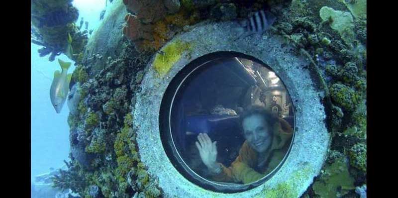 A woman peering through the window of a submerged structure