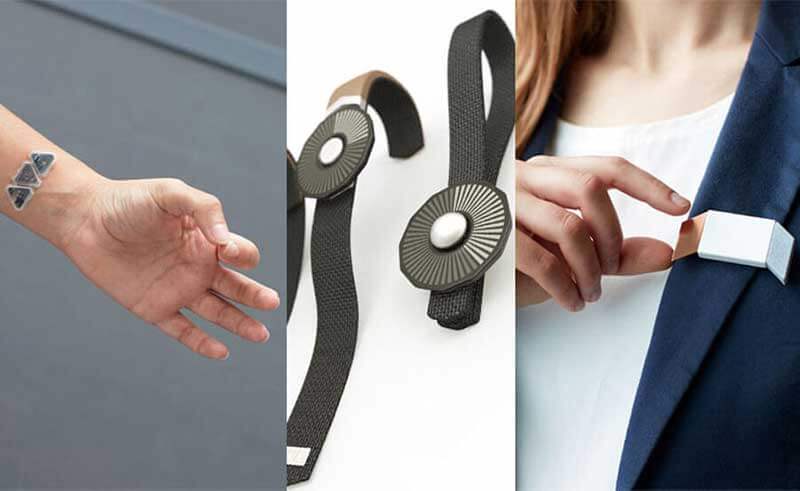An amalgam of three photos – a hand with a device on the wrist, a wearable device and a woman with a device attached to her suitjacket 