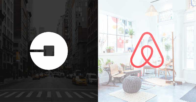 On the left, city streets are seen through the old logo of Uber, and on the right, the Airbnb logo is layered over a room