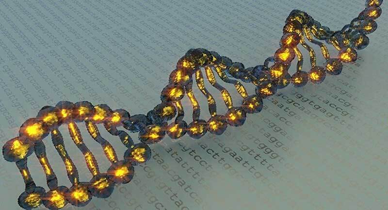 Glowing DNA strand laying on top of code lines 