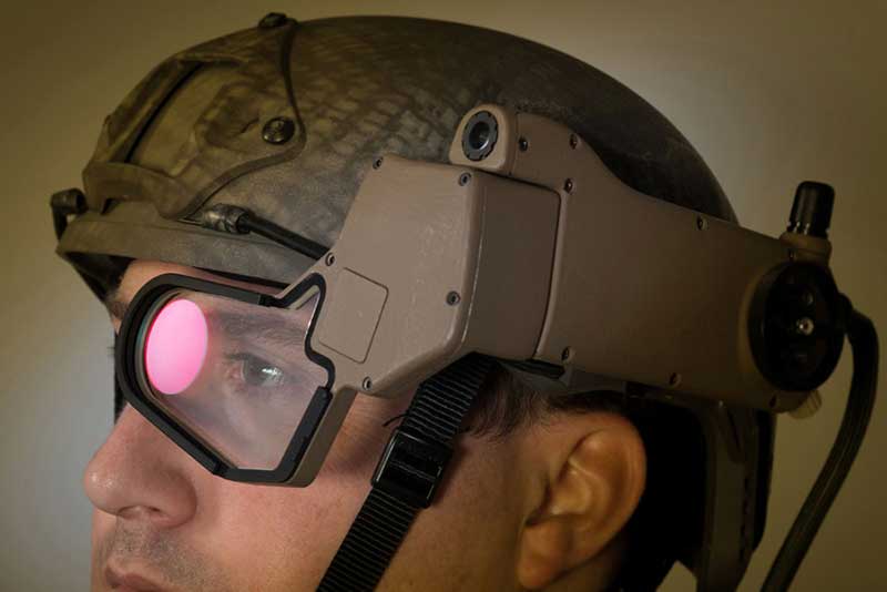 A soldier wearing the Q-Warrior helmet-mounted display designed by BAE Systems