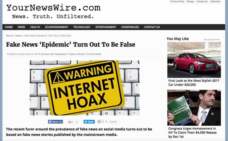 Article titled “Fake News ‘Epidemic’ Turn Out To Be False” appearing on YourNewsWire.com news website