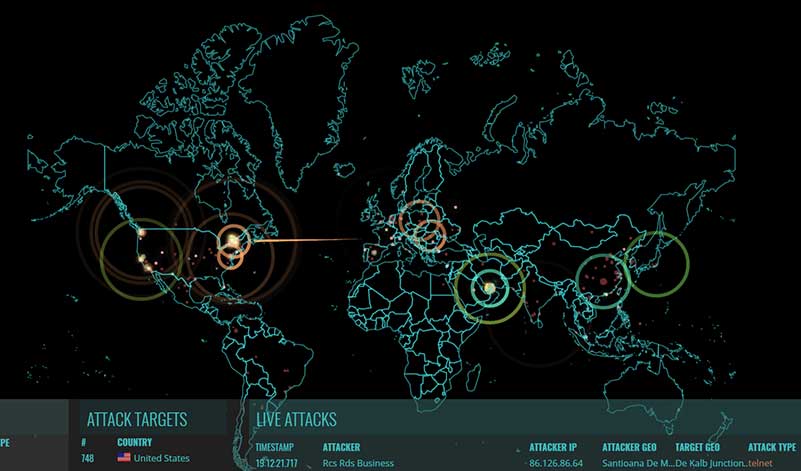 Digital world map indicating details of cyber attacks