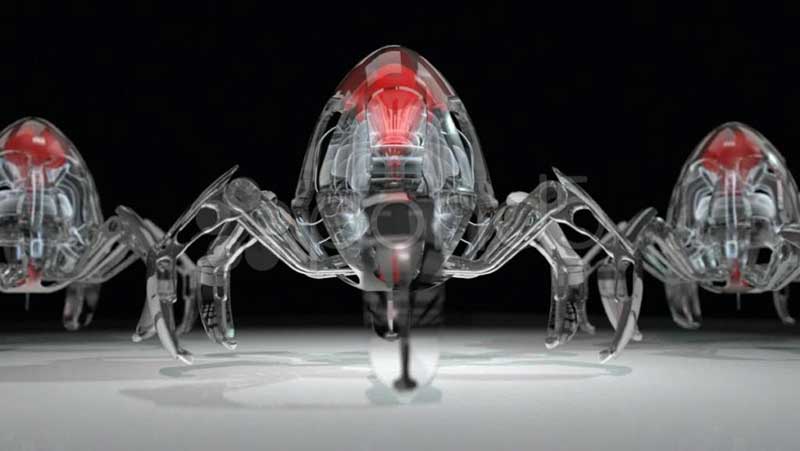 Three transparent spider-shaped nanobots with red lights