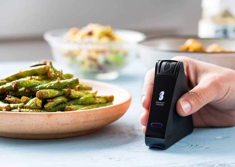 Plate of food and hand holding peanut detection device