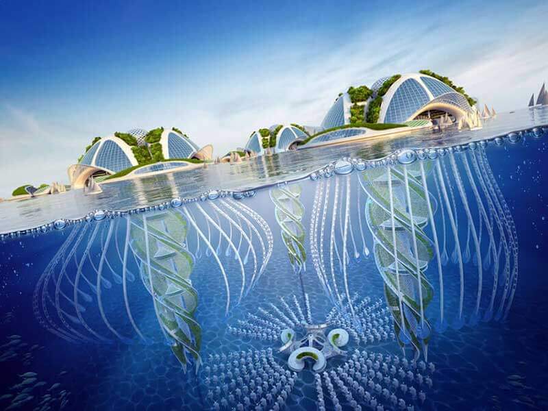Multiple jellyfish-like floating structures with vegetation on top