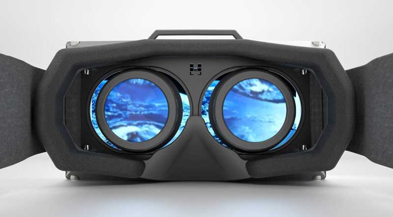 A bright, blue environment viewed through virtual reality goggles