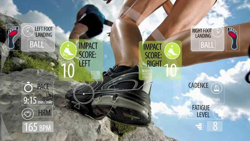 A close-up of two people running up a mountain wearing smart sneakers 