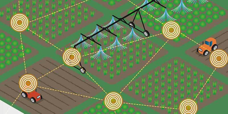 Farmland with tractors, irrigation system, and digital dots and lines