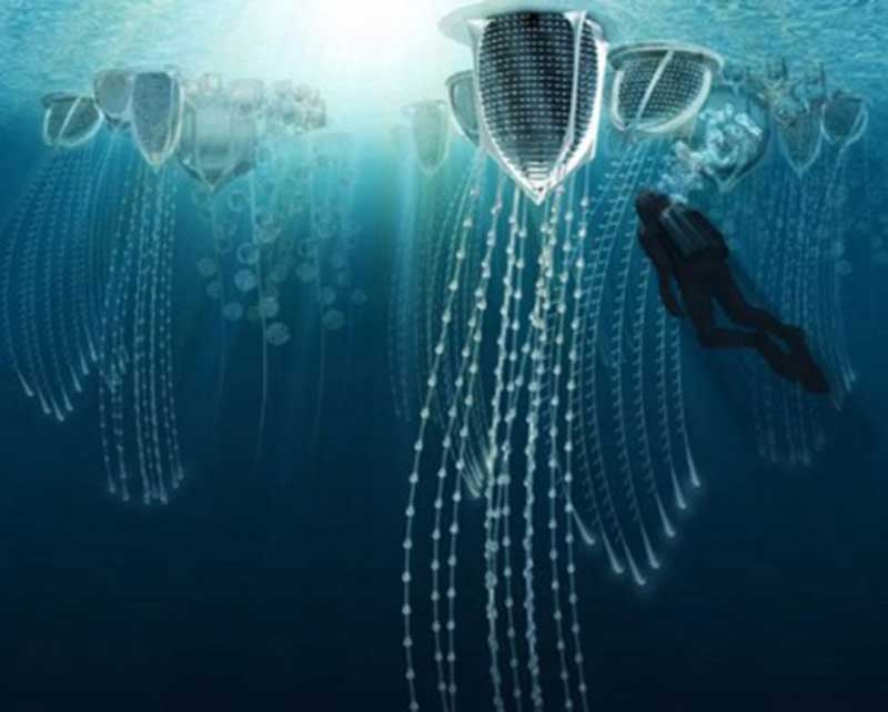 Jellyfish-like underwater structures with a scuba diver in the foreground