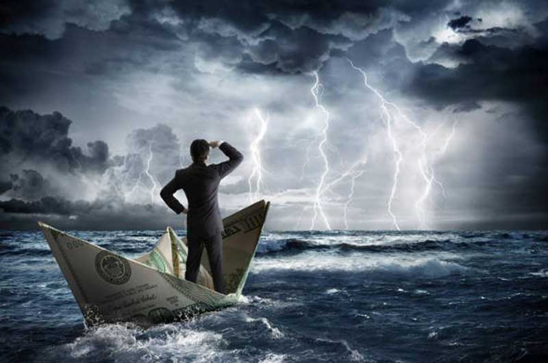 A man floating in a boat made from a dollar bill during a thunderstorm, looking towards lightning and heavy clouds