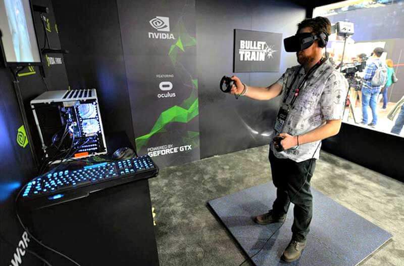  Man with VR headset playing game