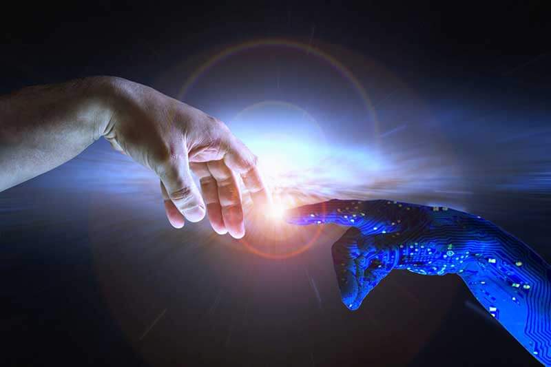 Human hand and AI hand touching fingers