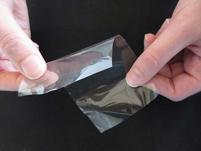Hands holding a piece of transparent artificial skin