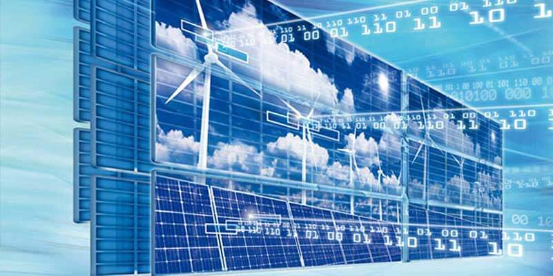 Sky with solar panels, wind turbines and binary code