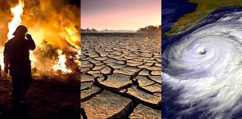 Three-column image, showing a firefighter standing in front of a fire on the left, dried land in the middle, and a cyclone captured from space on the right