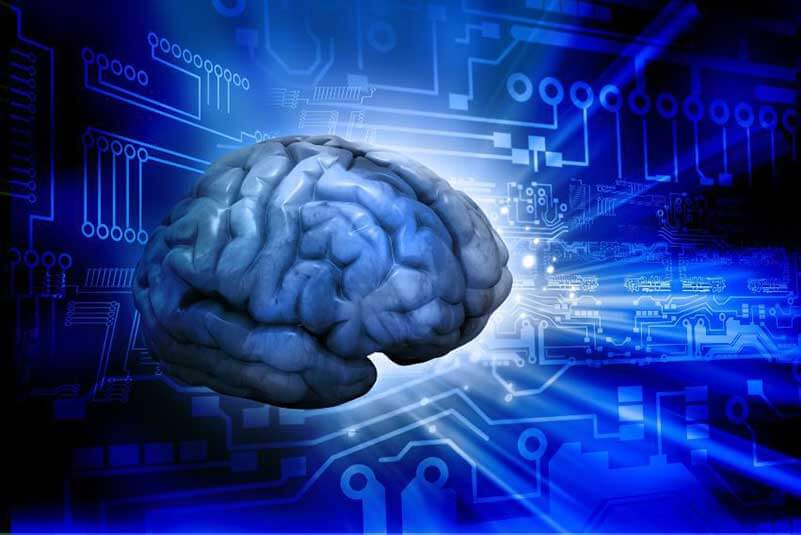 Digital illustration of a human brain with blue circuit board technology in the background