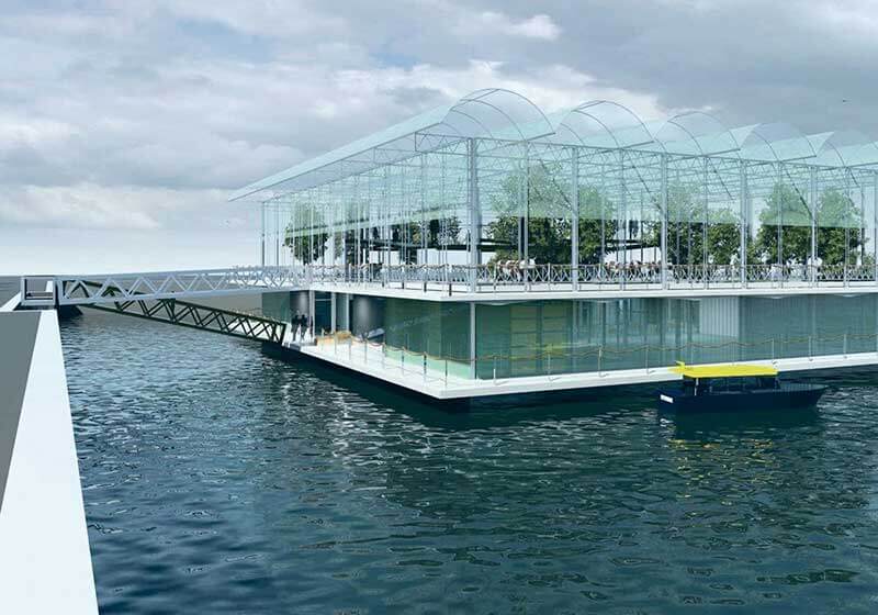 Floating glass structure with plants and bridge