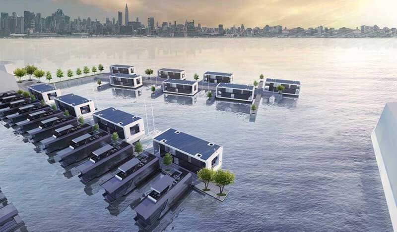 3D representation of a floating neighborhood with a city skyline in the background
