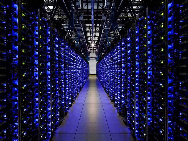 The inside of a Google data centre emitting blue light