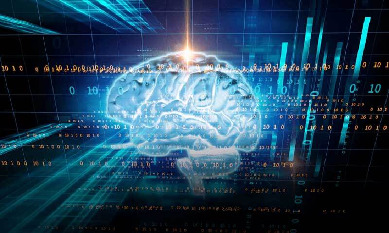  Digital illustration of a human brain with multiple numbers and binary codes over it