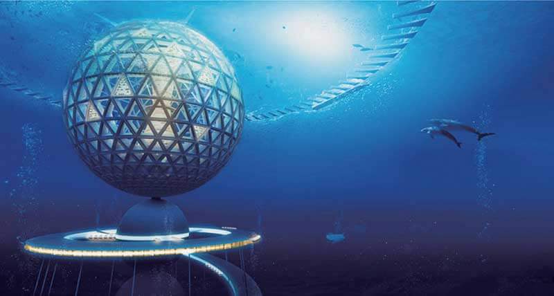 A spherical underwater city with dolphins swimming around it