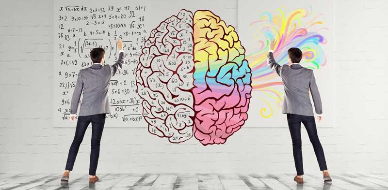 Two people in suits facing away, with a brain drawn on a wall in the middle, the right hemisphere of which is colourful, while the left is analytical with numbers