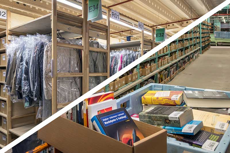 Two warehouses with second-hand clothing and books arranged in boxes and on shelves