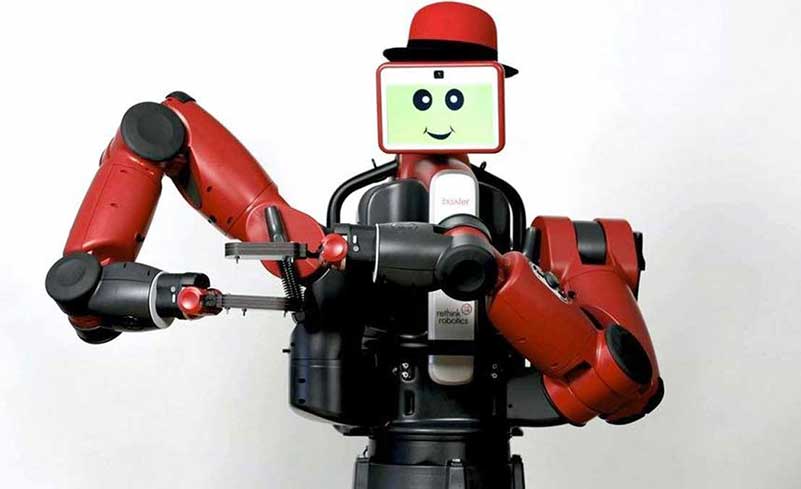 Red robot with screen face and bowler hat
