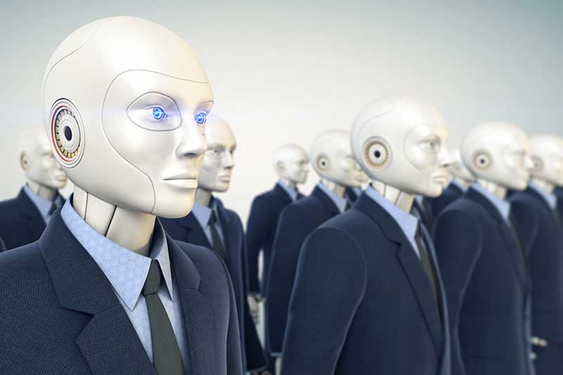 A group of robots dressed in business suits standing still and looking ahead