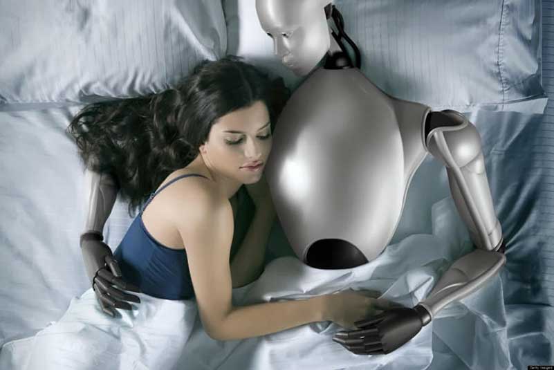 Woman sleeping in bed and hugging a robot